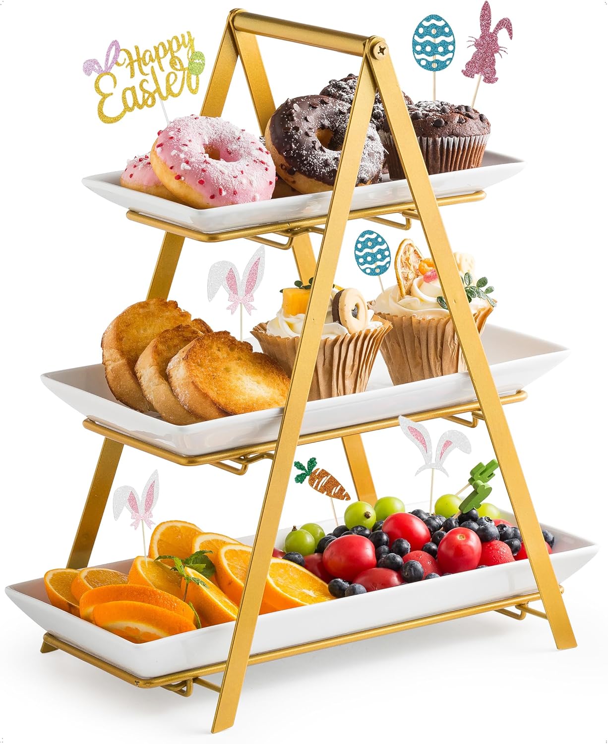 YHOSSEUN 3 Tier Serving Tray Tiered Tray Stand, Ceramic Serving Platters and Trays with Metal Rack, 10+12+14 Inch Large Serving Trays for Party 3 Tier Serving Stand Dessert Display Set, Black