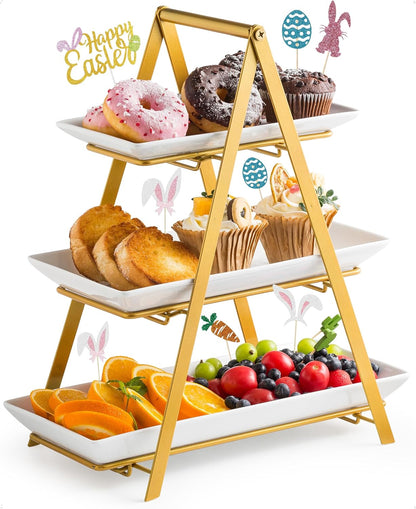 YHOSSEUN 3 Tier Serving Tray Tiered Tray Stand, Ceramic Serving Platters and Trays with Metal Rack, 10+12+14 Inch Large Serving Trays for Party 3 Tier Serving Stand Dessert Display Set, Black