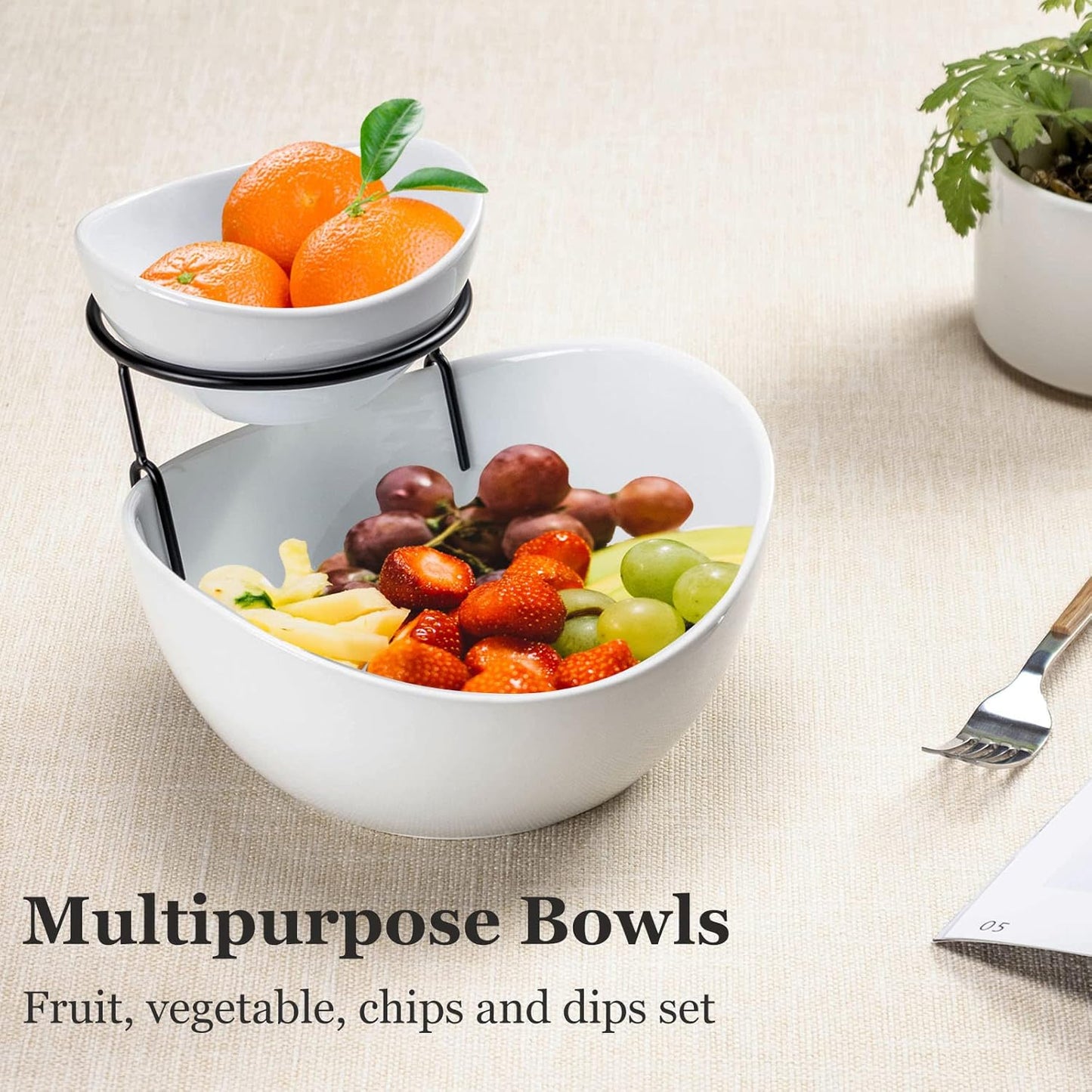UNICASA Serving Bowls Set, 2 Tier Chip and Dip Bowls with Metal Rack Stand for Fruit, Salad, Candy, Snacks - Ceramic Tiered Appetizer Serving Dishes Food Display Stand for Parties, Kitchen