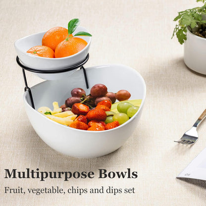 UNICASA Serving Bowls Set, 2 Tier Chip and Dip Bowls with Metal Rack Stand for Fruit, Salad, Candy, Snacks - Ceramic Tiered Appetizer Serving Dishes Food Display Stand for Parties, Kitchen