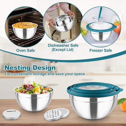 TeamFar Mixing Bowls, Stainless Steel Salad Serving Bowl with Clear Lids & 3 Graters, For Kitchen Cooking Prepping Storing, Size 4.6/2.6/1.5/1/0.7 QT, Nesting & Airtight, Set of 5 & Khaki