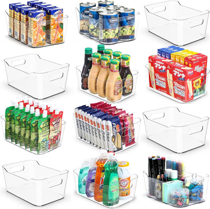 12 PACK Multi-Use Clear Plastic Storage Bins for Organizing w/Labels - Home, Kitchen, Pantry, Bathroom, Office, Cabinet Shelf Organizer Bins - SOHO Collection, RV, Fridge Organization Containers - L