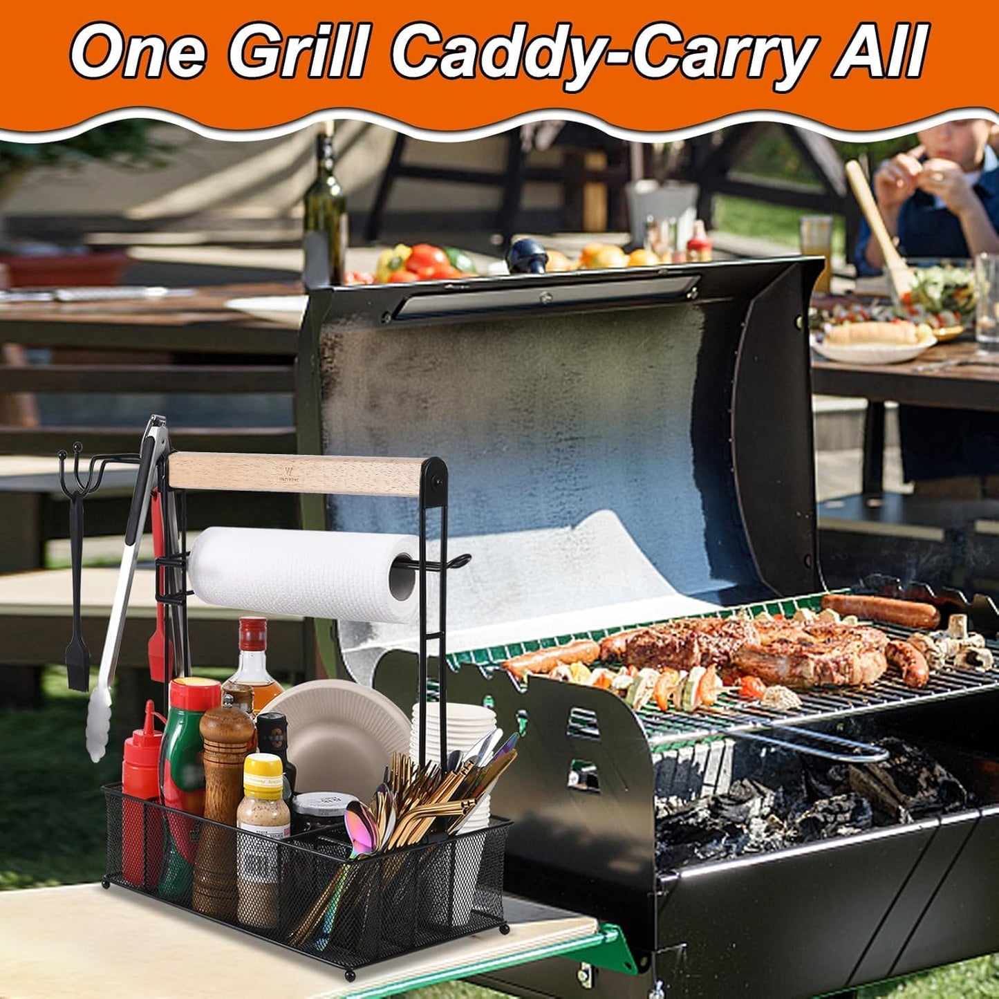 VIKEYHOME Grill Caddy, Picnic BBQ Organizer for Camping Outdoor Mesh Basket with 3 Hanging Hooks and Paper Towel Holder, Ideal Table Storage Tools for RV Camper/Tailgating/Flatware