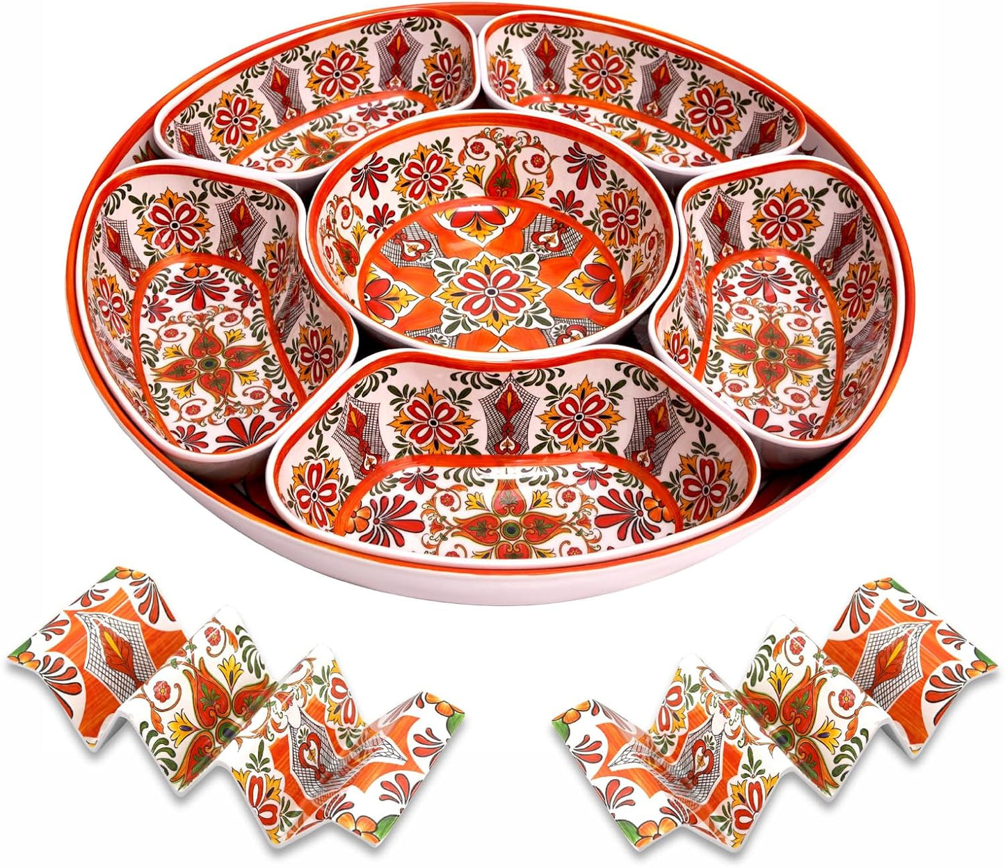 TP Taco Bar Serving Set, Taco Tuesday Kit with Lazy Susan Tray, 2 Taco Holders, Melamine Platter for Nachos, Burritos, Fajitas for Fiesta & Party, Talavera Bloom
