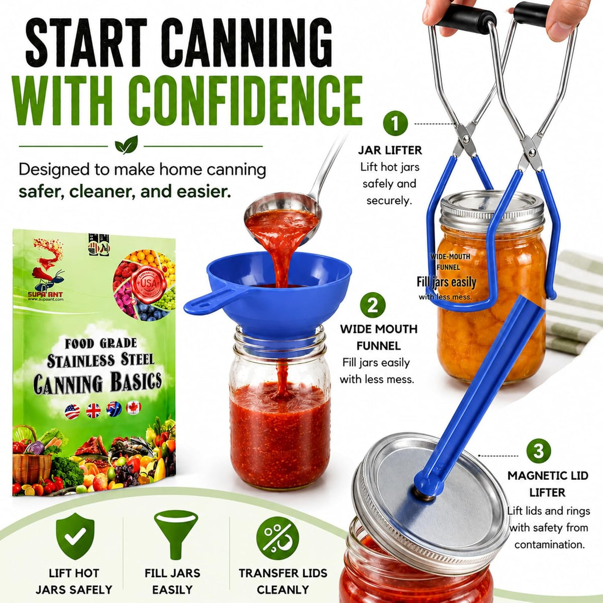 Supa Ant Canning Supplies Starter Kit (Food Grade) - Canning Kits Set for Beginners - 3 Pcs. Including Wide Mouth Jar Funnel, Magnetic Lid Lifter, Stainless Steel Jar Lifter (Assembled in USA) Green