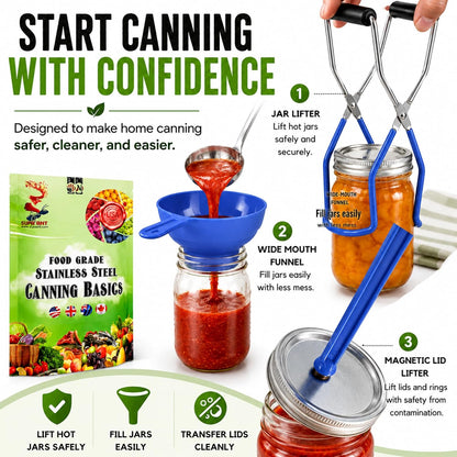 Supa Ant Canning Supplies Starter Kit (Food Grade) - Canning Kits Set for Beginners - 3 Pcs. Including Wide Mouth Jar Funnel, Magnetic Lid Lifter, Stainless Steel Jar Lifter (Assembled in USA) Green