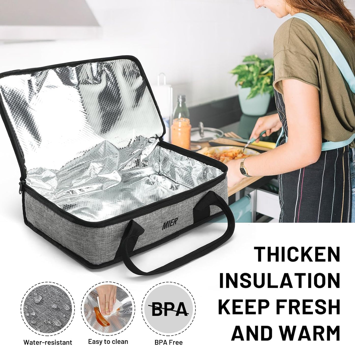 MIER Insulated Casserole Carrier for Hot or Cold Food Thermal Food Carrier Bag for Lasagna Potluck Parties Picnic Cookouts, Fits 9"x13" Baking Dish/Foil Pan, Red