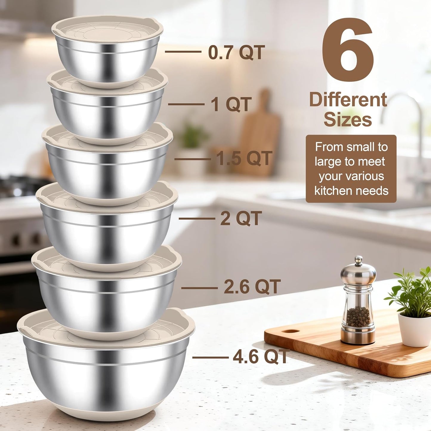 TeamFar Mixing Bowls, Stainless Steel Mixing Bowls with Lids, Nesting Salad Bowls with Air-tight Lids & Non-slip Bottom, Dishwasher Safe & Stackable, Set of 6-4.6/2.6/2 / 1.5/1 / 0.7 Qt