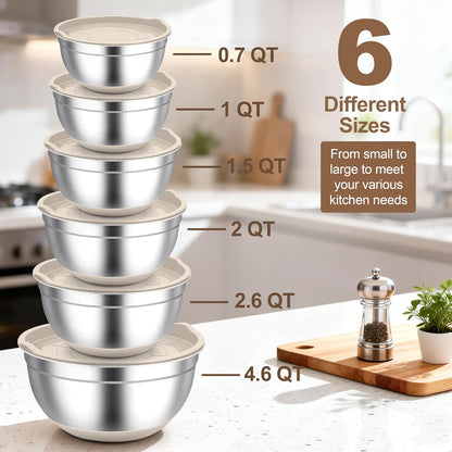 TeamFar Mixing Bowls, Stainless Steel Mixing Bowls with Lids, Nesting Salad Bowls with Air-tight Lids & Non-slip Bottom, Dishwasher Safe & Stackable, Set of 6-4.6/2.6/2 / 1.5/1 / 0.7 Qt