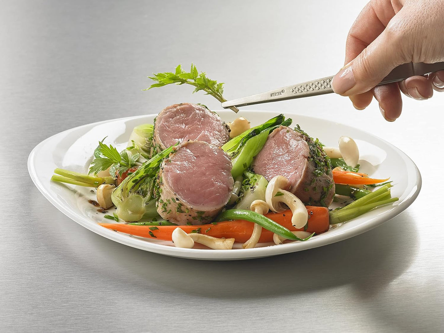 Mercer Culinary 18-8 Stainless Steel Chef Plating Tongs, Offset Tip, 6-1/2 Inch