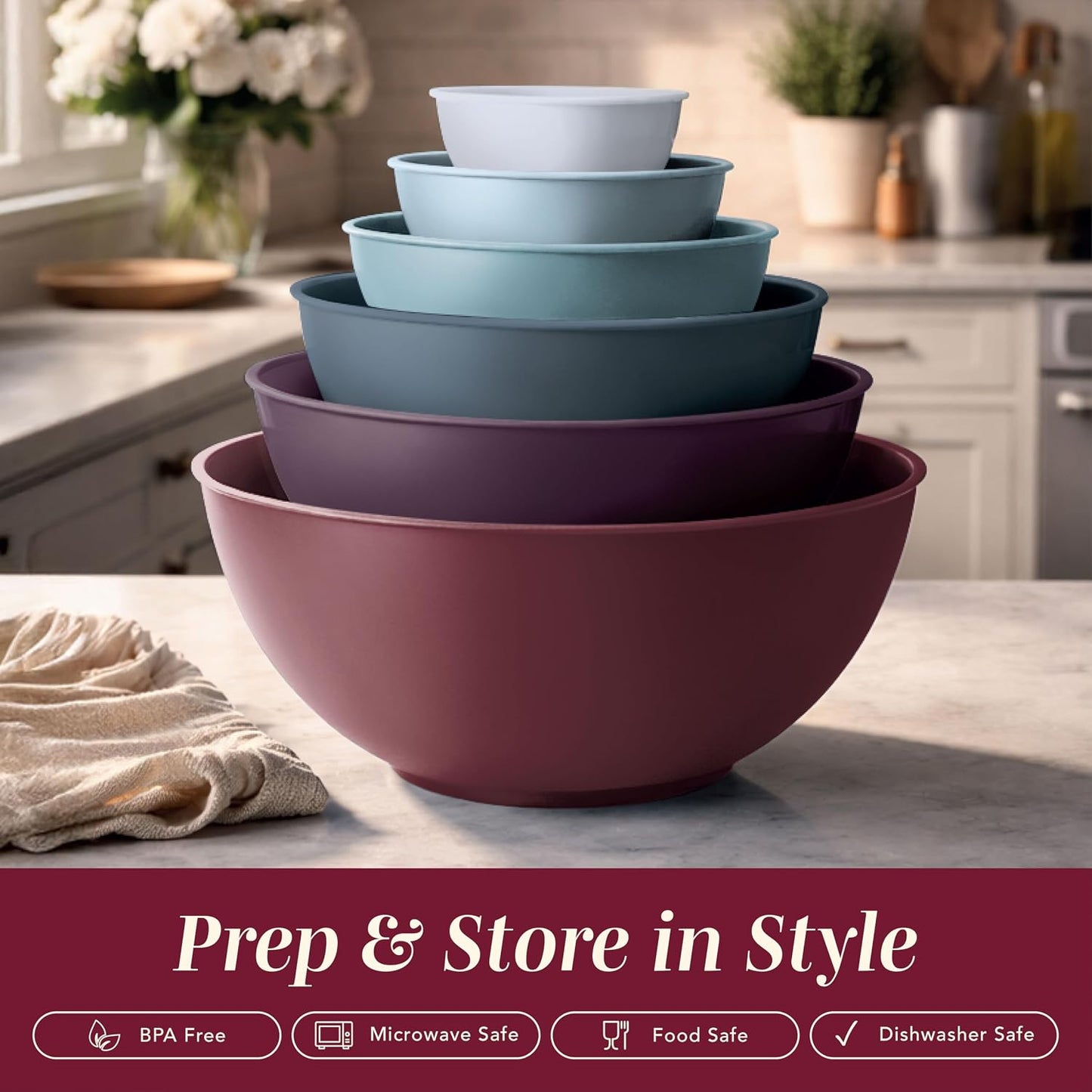 COOK WITH COLOR Mixing Bowls with Lids - 12 Piece Plastic Nesting Bowls Set includes 6 Prep Bowls and 6 Lids, Microwave Safe Mixing Bowl Set, Pink Embossed - Colors A
