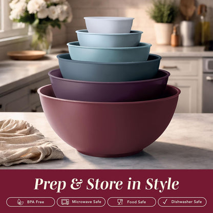 COOK WITH COLOR Mixing Bowls with Lids - 12 Piece Plastic Nesting Bowls Set includes 6 Prep Bowls and 6 Lids, Microwave Safe Mixing Bowl Set, Pink Embossed - Colors A