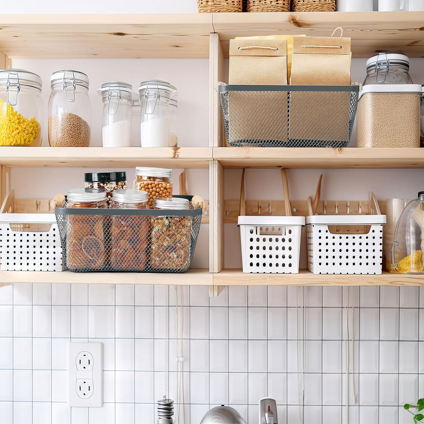 Ziliny 4 Pcs Metal Mesh Wire Baskets with Wooden Handles for Organizing, Pantry Organizers and Storage Steel Bin Kitchen Baskets for Fruit Potato Onion Snacks Bathroom Cabinet(Medium,Cream White)