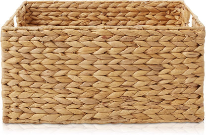 Casafield Set of 4 Water Hyacinth Pantry Baskets, 10" x 13" x 5", with Chalkboard Labels and Chalk Marker - Natural, Woven Storage Bin Organizers for Kitchen Shelves