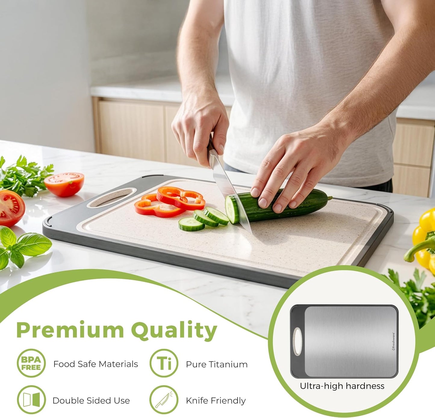 Freshware Titanium Cutting Board for Kitchen, Set of 2, Double Sided Cutting Boards, Pure Titanium/PP, Chopping Board with Juice Grooves, Dishwasher Safe, Medium 12.1" by 8.3" and Large 16.2" by 11"