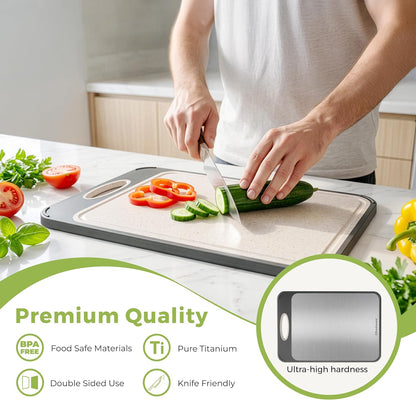 Freshware Titanium Cutting Board for Kitchen, Set of 2, Double Sided Cutting Boards, Pure Titanium/PP, Chopping Board with Juice Grooves, Dishwasher Safe, Medium 12.1" by 8.3" and Large 16.2" by 11"