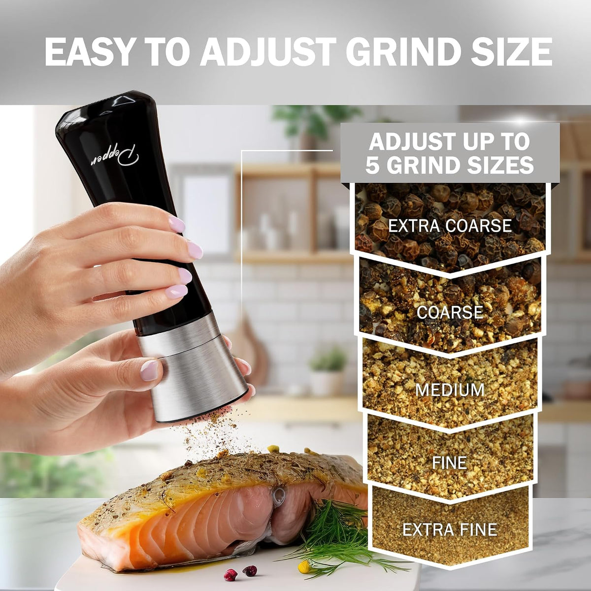 Home EC Premium Stainless Steel Sea Salt and Pepper Grinder Set of 2 - Adjustable Ceramic - Tall Glass Salt and Pepper Shakers - Kitchen Spice Mill W/Funnel & EBook