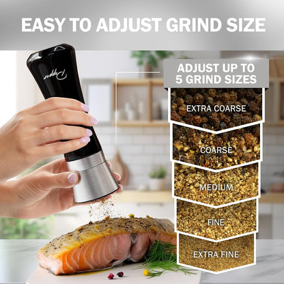 Home EC Premium Stainless Steel Sea Salt and Pepper Grinder Set of 2 - Adjustable Ceramic - Tall Glass Salt and Pepper Shakers - Kitchen Spice Mill W/Funnel & EBook