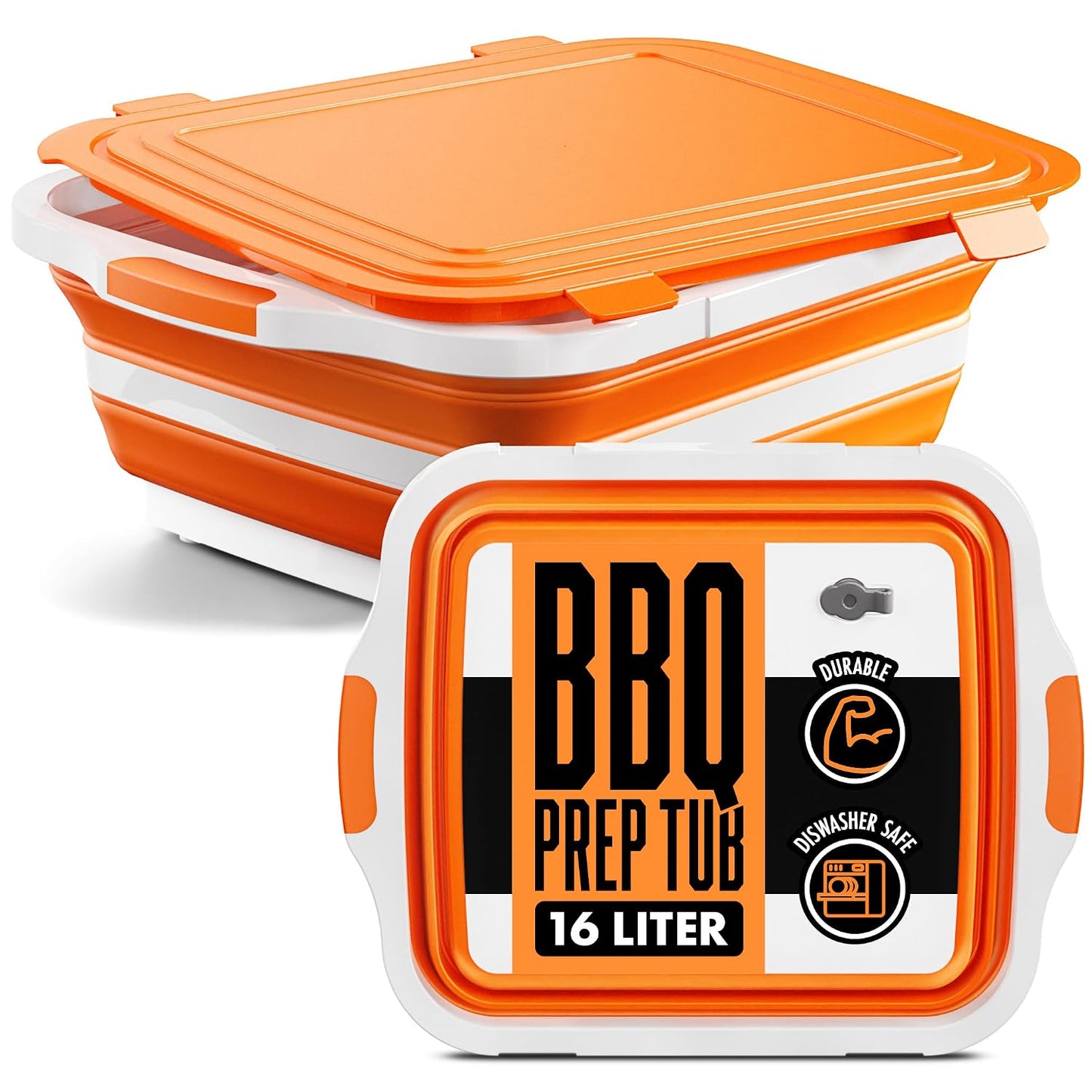 Collapsible BBQ Prep Tub with Lid and Drain Spout, 16L Portable Meat Marinating and Grilling Tray, Cutting Board Food Storage Container for Outdoor Cooking, Camping, Tailgating and Kitchen Prep