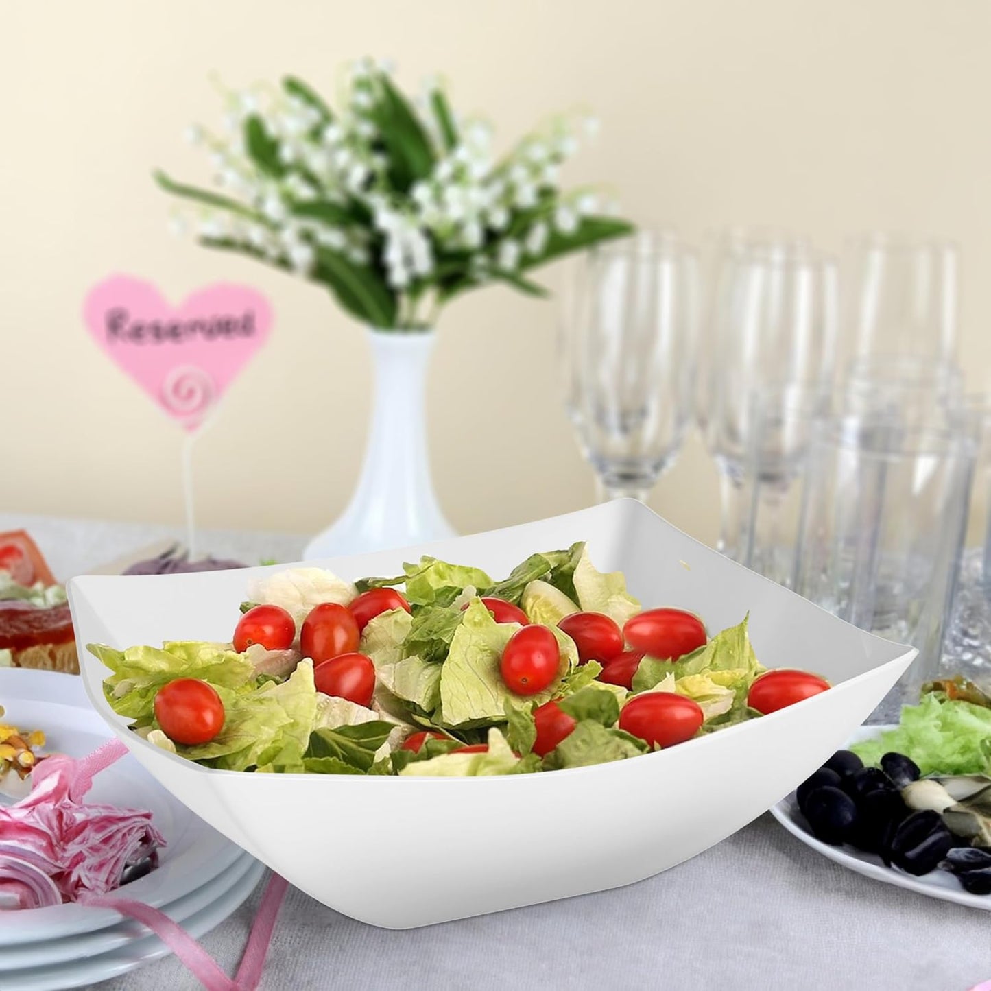 R-kay 6 Pack Square Plastic Serving Bowls - Clear Plastic bowls 16 Oz - Disposable Serving Bowls Heavy Duty For Weddings Catering And Birthday parties