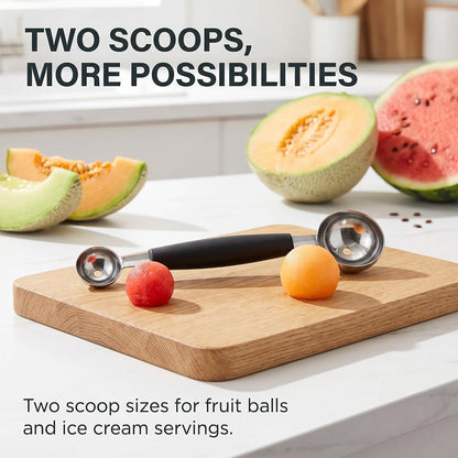 2 in 1 Stainless Steel Melon Ballers Melon Scoop,Double-Sided Fruit Melon Baller Spoon, Suitable Watermelon Cantaloupe Ice Cream Comfortable Non-Slip Grip Kitchen Utensils and Gadgets