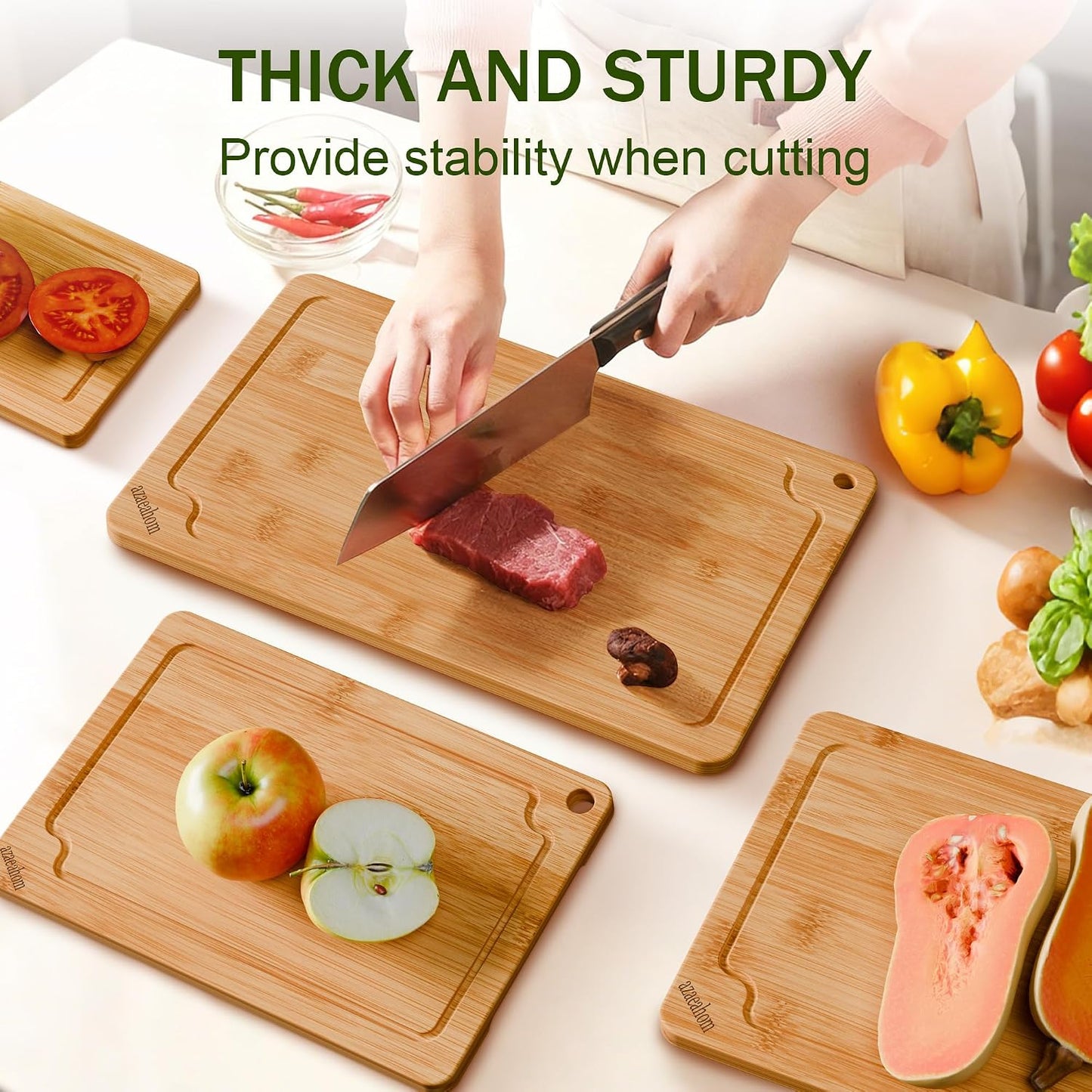 Bamboo Cutting Boards for Kitchen, Wood Cutting Board Set with Juice Grooves & Built-in Handles, Large Medium Small Chopping Board for Meat, Vegetables, Fruit