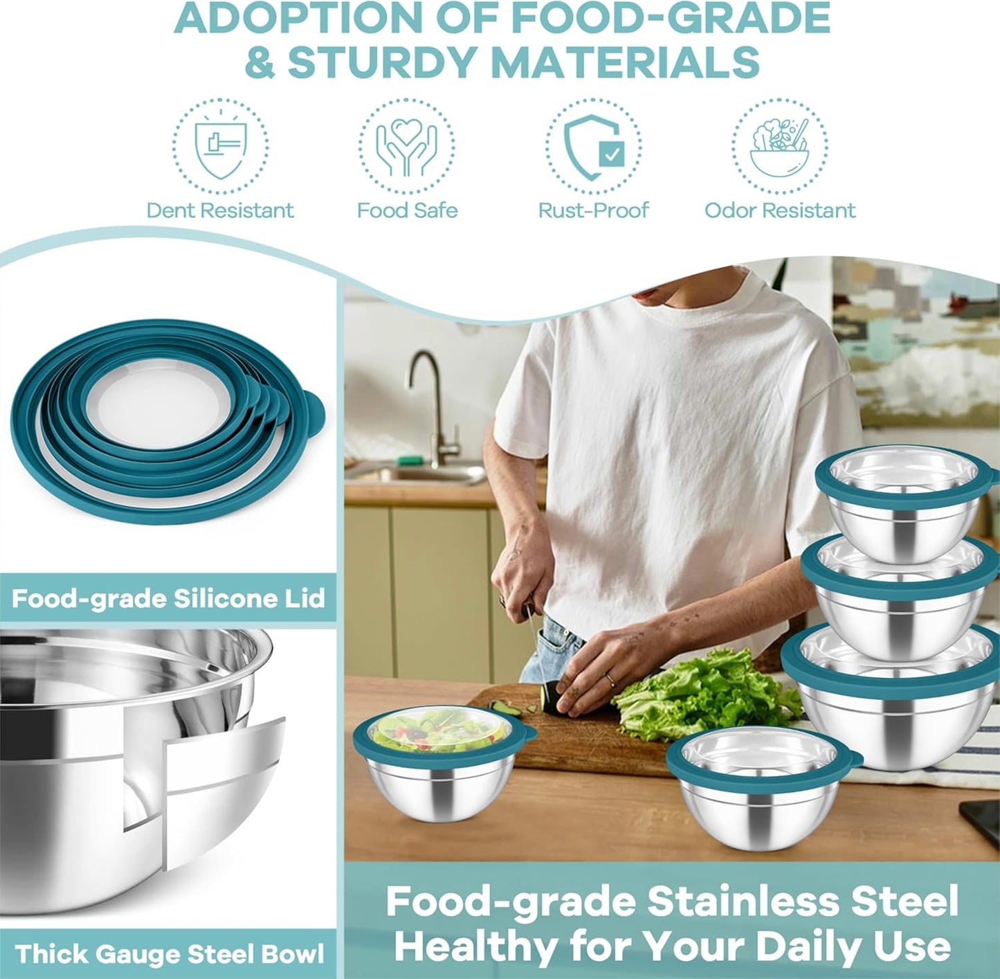 TeamFar Mixing Bowls Set, 4.5/3/1.5/1/0.7 QT Stainless Steel Nesting Salad Bowls with Airtight Lids, For Serving/Mixing/Storing, Non-Toxic & Heavy Duty, Visible & Easy Clean, Black, Set of 5