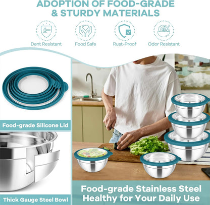 TeamFar Mixing Bowls Set, 4.5/3/1.5/1/0.7 QT Stainless Steel Nesting Salad Bowls with Airtight Lids, For Serving/Mixing/Storing, Non-Toxic & Heavy Duty, Visible & Easy Clean, Black, Set of 5