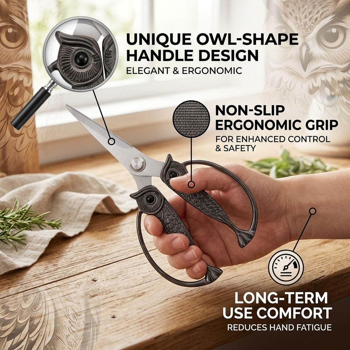 XSNBRD All Purpose Kitchen Scissors, Pearl Gold Stainless Owl Shears.