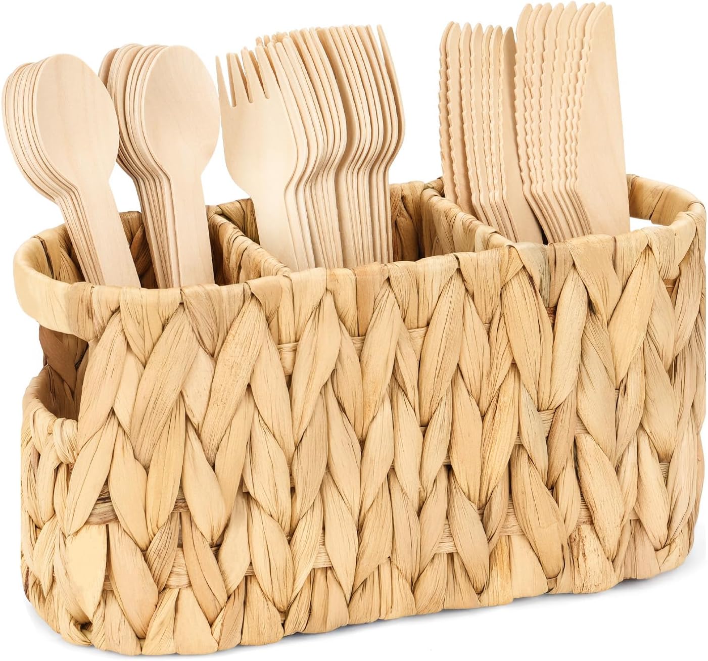 Water Hyacinth Utensil Caddy with Handle, 4 Compartments Woven Cutlery Organizer, Portable Flatware Holder for Outdoor Picnic, BBQ, Camping, Kitchen Counter & Party Table