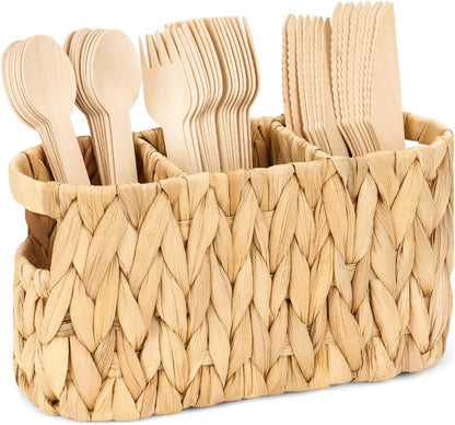 Water Hyacinth Utensil Caddy with Handle, 4 Compartments Woven Cutlery Organizer, Portable Flatware Holder for Outdoor Picnic, BBQ, Camping, Kitchen Counter & Party Table