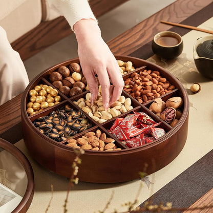 12" Wooden Serving Tray with Lid, 360° Rotating Snack Try, 9 Compartments, Platter Organizer for Snacks, Candy, Nuts, Chips, Tray for Party, Family Dinner for Mom