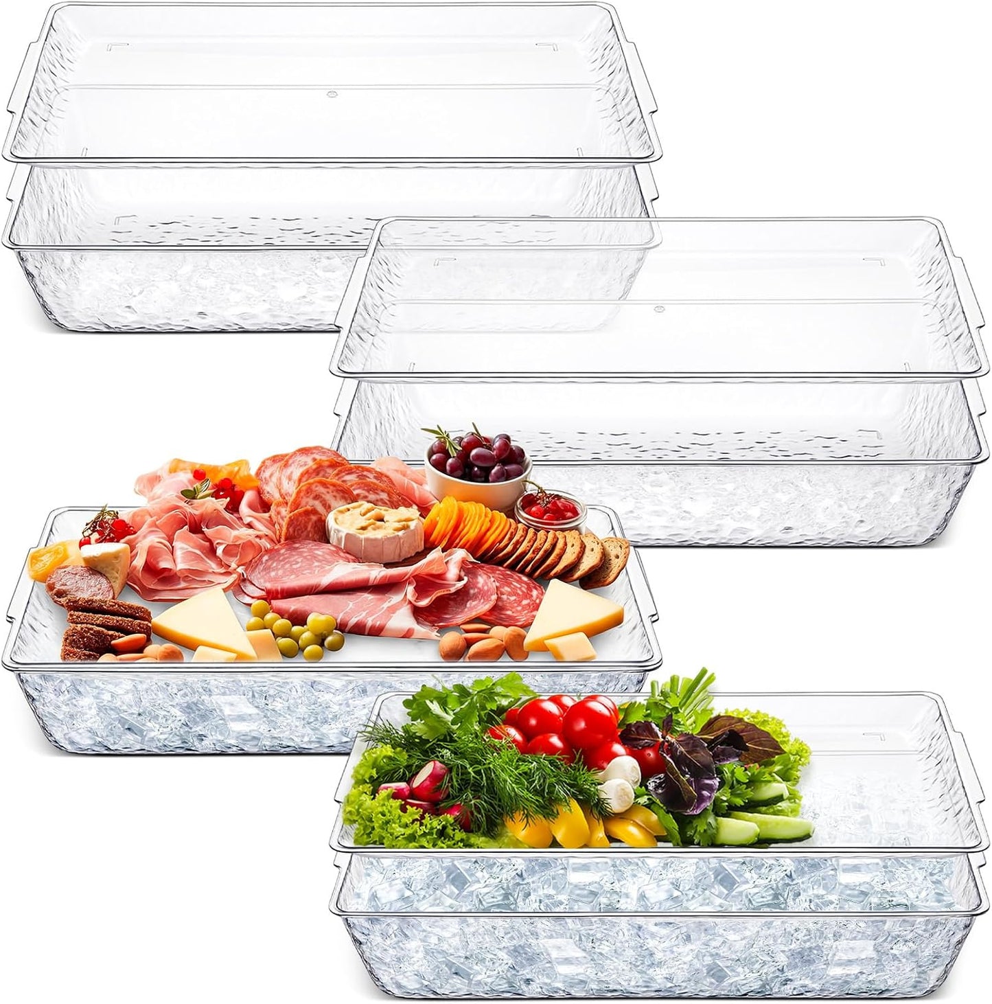 Baderke 4 Set 16" x 9" Plastic Chilled Serving Tray for Parties with Compartments Ice Chilled Party Platter Charcuterie Serving Board Cold Dish Dip for Fruit Seafood Vegetable Appetizer (Clear)
