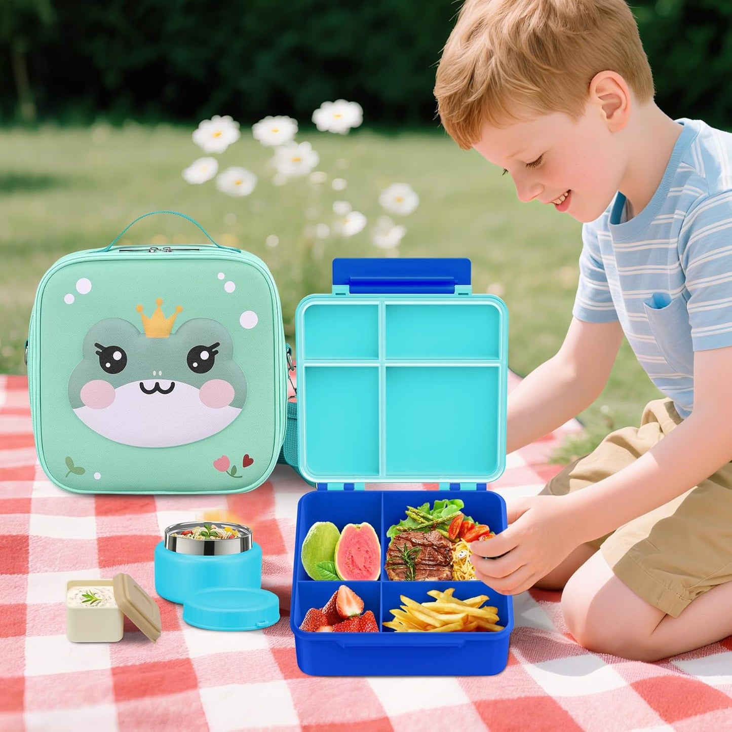 Kids Bento Lunch Box with Thermo, Include 9oz Soup Thermo, Kids Leakproof Lunch Box with 4 Compartment, Insulated Lunch Bag for Girls Boys to School Travel