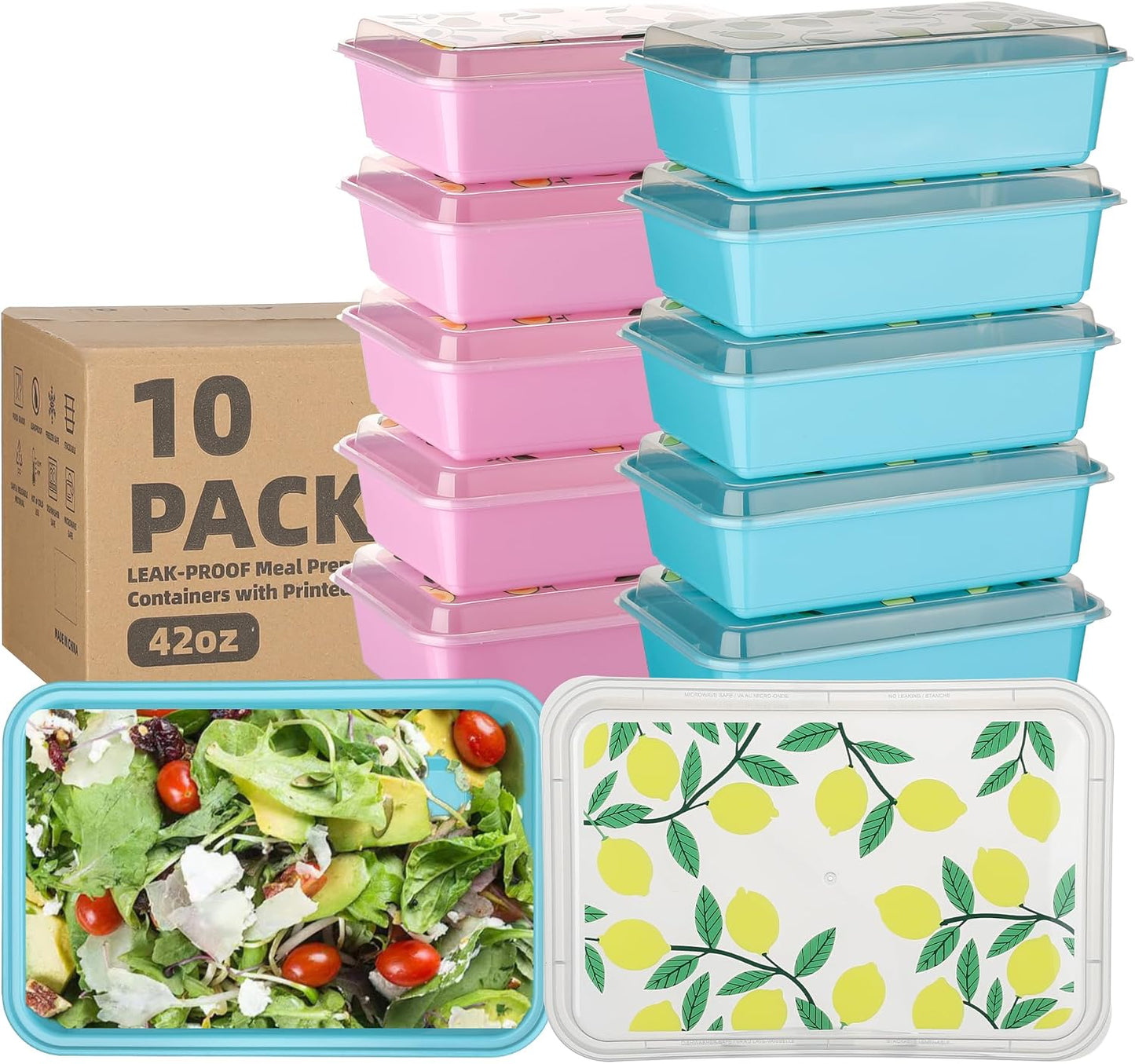 10 Pack 42 oz Meal Prep Containers, Reusable Plastic Food Prep Storage Containers with Printed Lids, Stackable, Leakproof, Microwave & Freezer & Dishwasher Safe,To Go Take Out Box, Avocado
