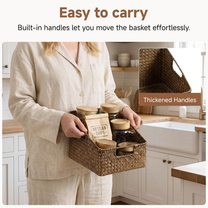 StorageWorks Water Hyacinth Pantry Storage Baskets, Wicker Baskets with Built-in Handles, Handwoven Shelf Baskets for Organizing, Pantry Organizers and Storage, 3 Pack