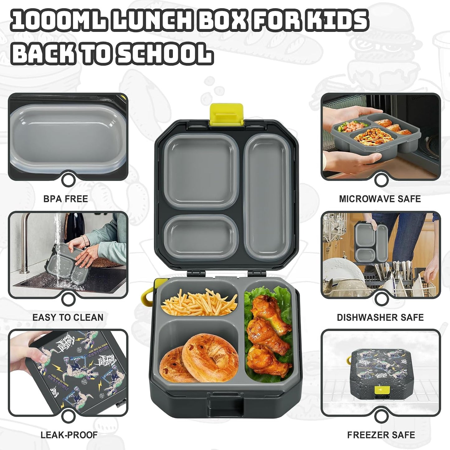Itslife Bento Lunch Box Set for Kids with 12oz Soup Thermo&Lunch Bag, Leak-Proof Lunch Food Containers for Kids School, 5 Compartment, Sauce Cup, 10 Notes (Dinosaurs Black)