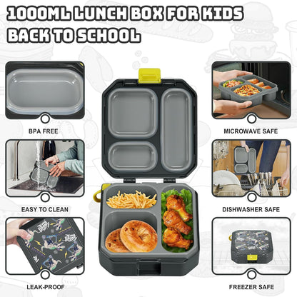 Itslife Bento Lunch Box Set for Kids with 12oz Soup Thermo&Lunch Bag, Leak-Proof Lunch Food Containers for Kids School, 5 Compartment, Sauce Cup, 10 Notes (Dinosaurs Black)