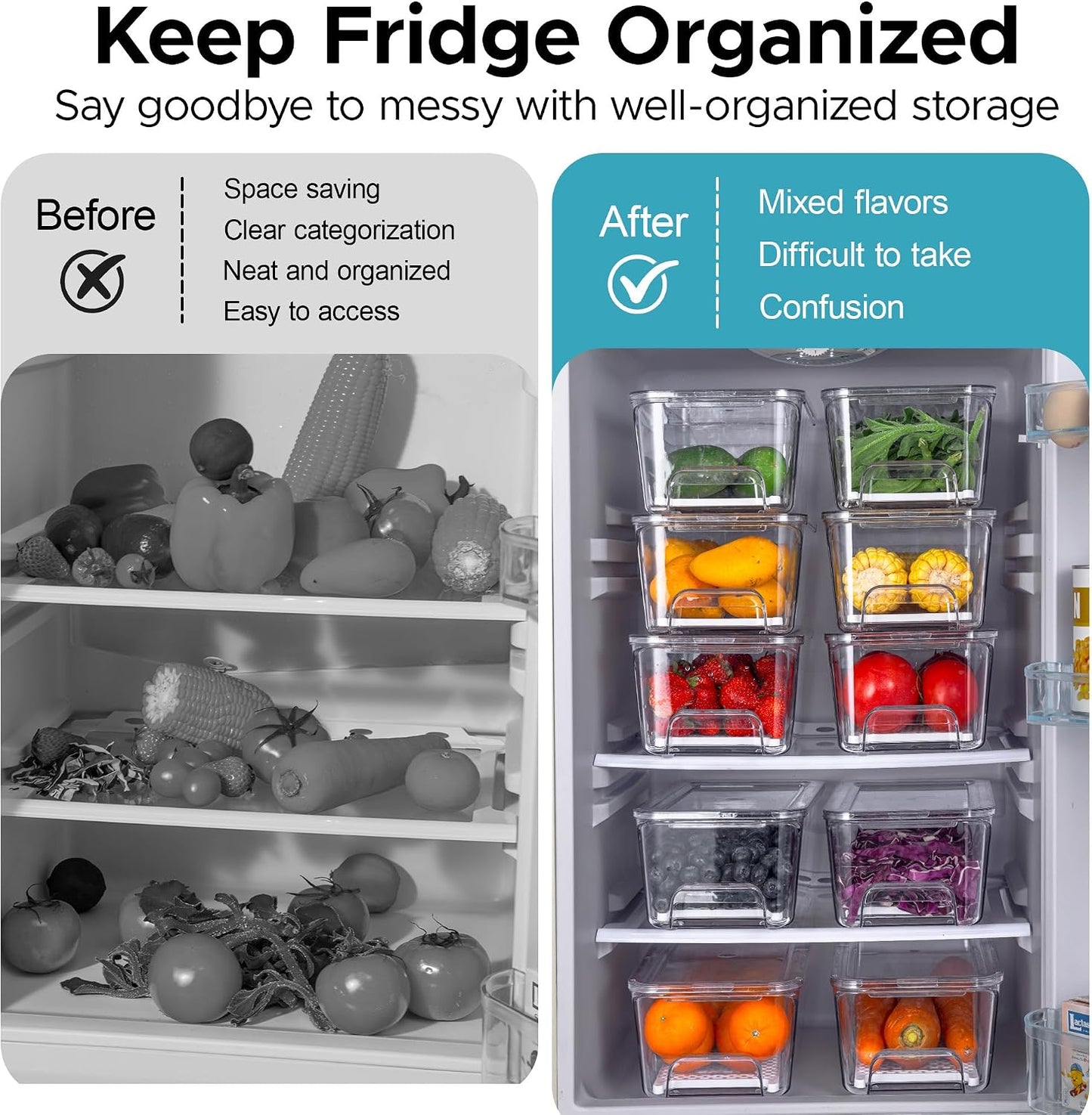 4-Pack Stackable Fruit Storage Containers for Fridge | Pull-Out Drawer Organizer Bins, With Lids & Drain Tray, Keep Fresh, Removable Refrigerator Container for Berry, Veggie, Drink