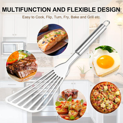 Cualork 2-Piece Premium Fish Spatula Set, Big Size Stainless Steel, Thickness Blade Turner for Cooking, Flipping, Frying and Grilling