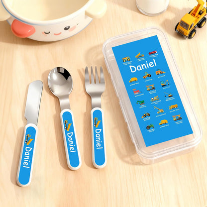 Personalized Stainless Steel Kids Utensils Set Custom Name on Kids Forks Knife and Spoons for 3 Pcs Kid Cutlery Set with Case (Truck)