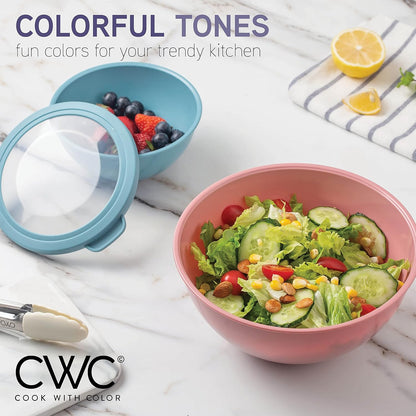 COOK WITH COLOR Mixing Bowls with Lids - 12 Piece Plastic Nesting Bowls Set includes 6 Prep Bowls and 6 Lids, Microwave Safe Mixing Bowl Set, Pink Embossed - Colors B