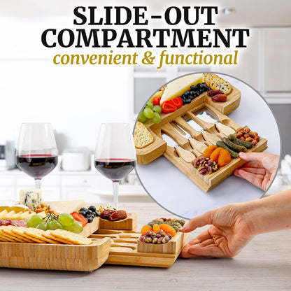 Zulay Kitchen Premium Bamboo Charcuterie Board - Extra Thick Bamboo Board with 4 Piece Knife Set - Perfect for Charcuterie, Wine and Cheese