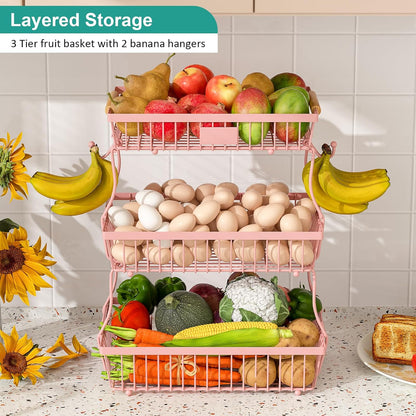 2 Tier Fruit Basket for Kitchen Counter with 2 Banana Hangers, Countertop Metal Bread Basket with Wooden Handle, Large Storage Stand for Vegetables, Snacks, Eggs, Produce Storage – Black
