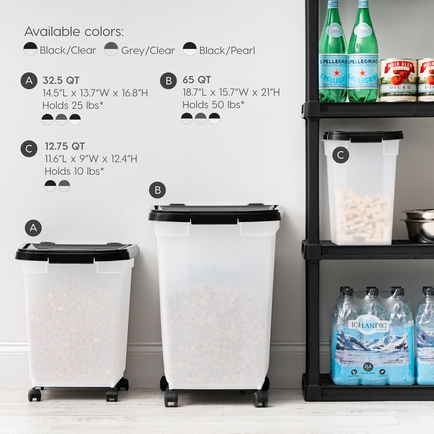 IRIS USA Airtight Dog Food Storage Container, WeatherPro, Up to 25 lbs, Removable Wheels, for Dog Cat Bird and Other Pet Food Storage Bin, Keep Fresh, Translucent Body, Made in USA, Clear/Black