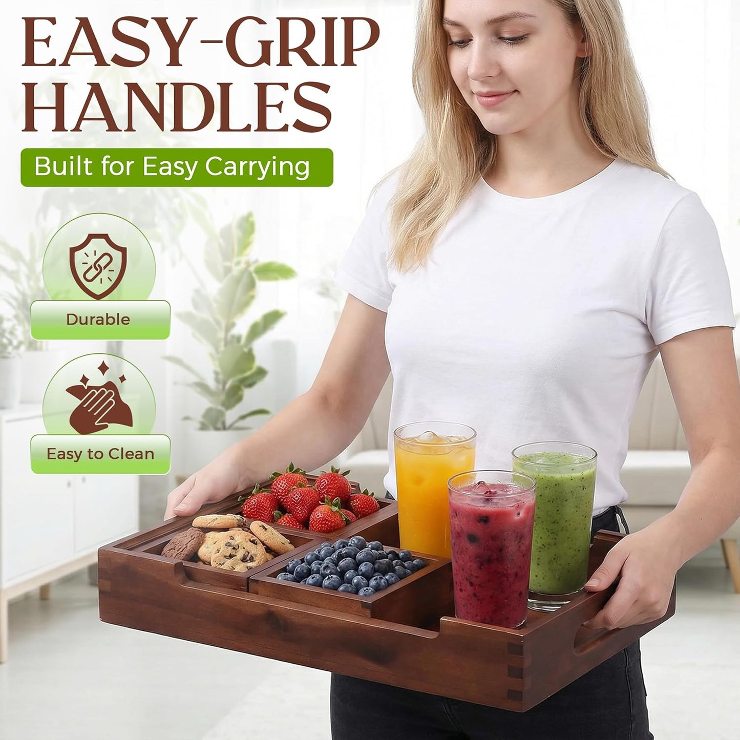 Set7 Wood Serving Tray With Handles And Lid – Large Rectangular Breakfast & Ottoman Tray with Raised Edges, Serving Platter Snack Tray, Serving Tray with Food, Drinks, Appetizer Dishes & Dessert Trays