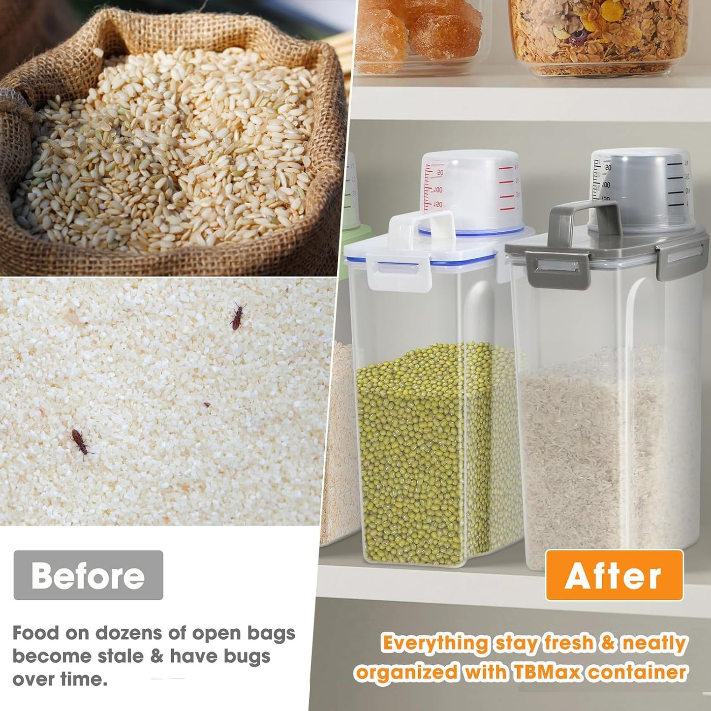 TBMax Rice Container 10 Lbs, Cereal Container Oatmeal Storage, Airtight Food Dispenser with Easy-pouring Spout & Handy Cup for Flour Grain Beans, Pet Dog Cat Bird Food Storage Container