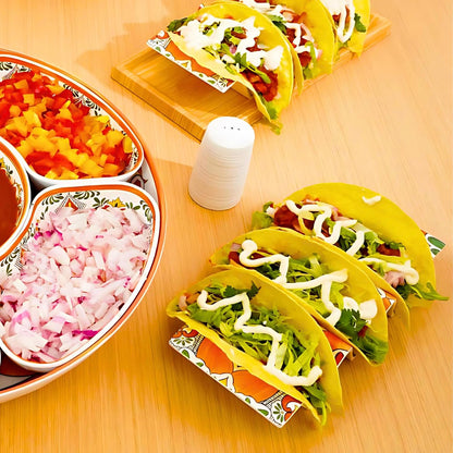TP Taco Holder Stands, Set of 2 Melamine Large Taco Serving Rack Tray with Handle, Holds 3 Tacos, Dishwasher Safe, Ideal for Taco Night, Party, Home, Fiesta, Talavera Tile