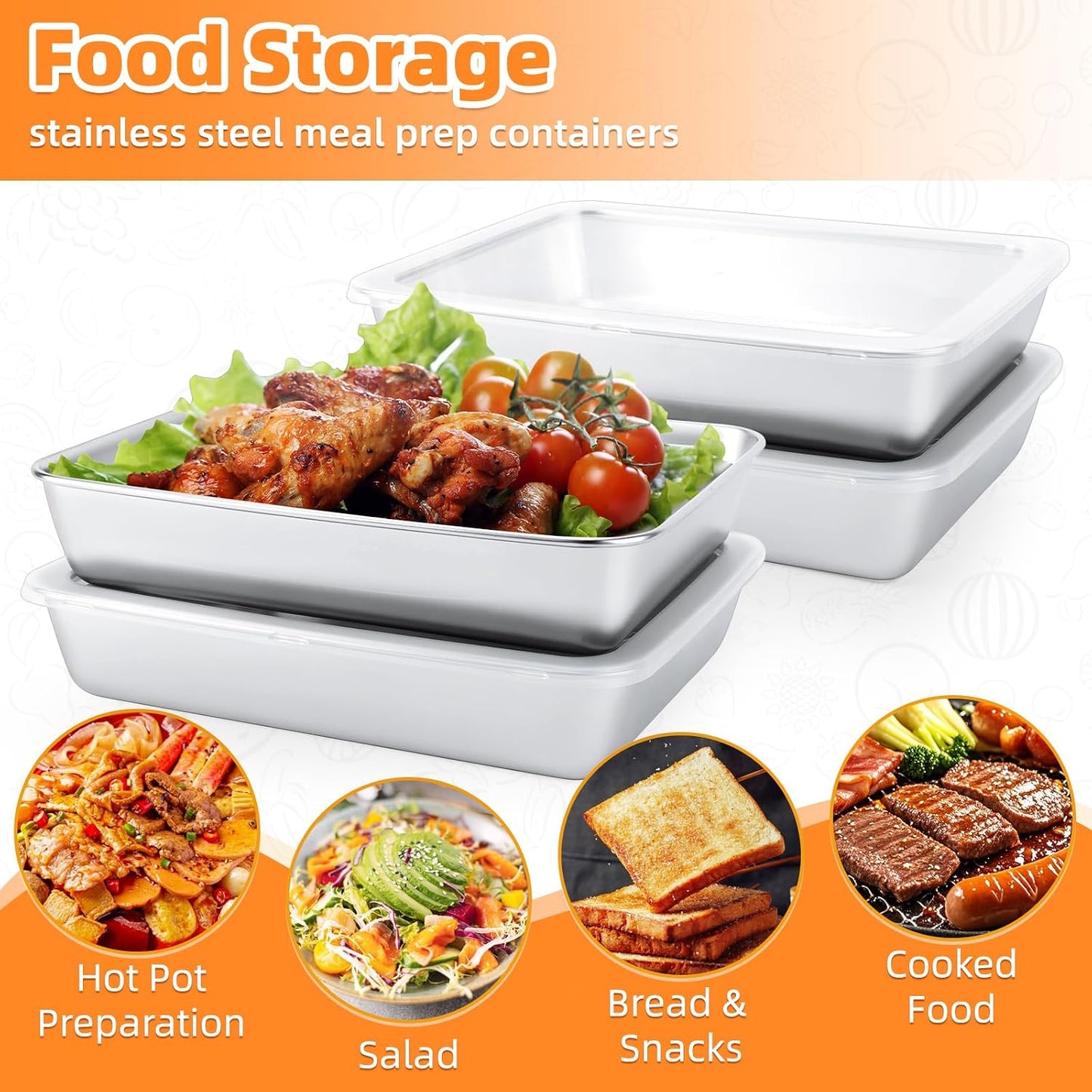4 PCS Stainless Steel Food Storage Containers with lids,2.16 Inch Deep, 8x10 Inch Stainless Steel Oven plate, Metal Roasting Pan for Meal Prep、Meat, Rustproof & Heavy, Freezer & Dishwasher Safe