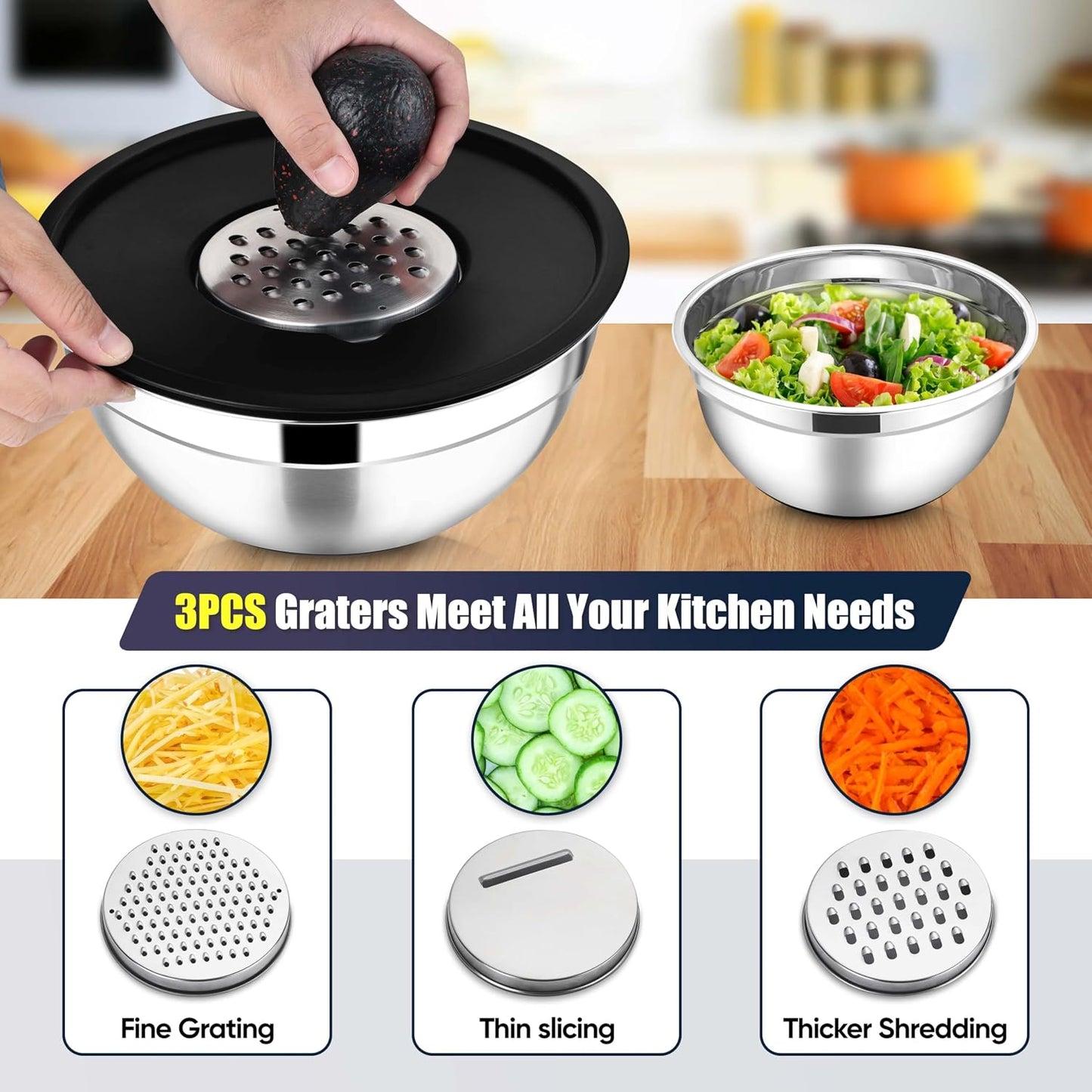 E-far Stainless Steel Mixing Bowls with Lids Set, 5-Piece Nesting Salad Bowls with 3 Grater Attachments and Non-Slip Bottoms, Size 4.6, 2.6, 2, 1.5, 1QT for Kitchen (Khaki)